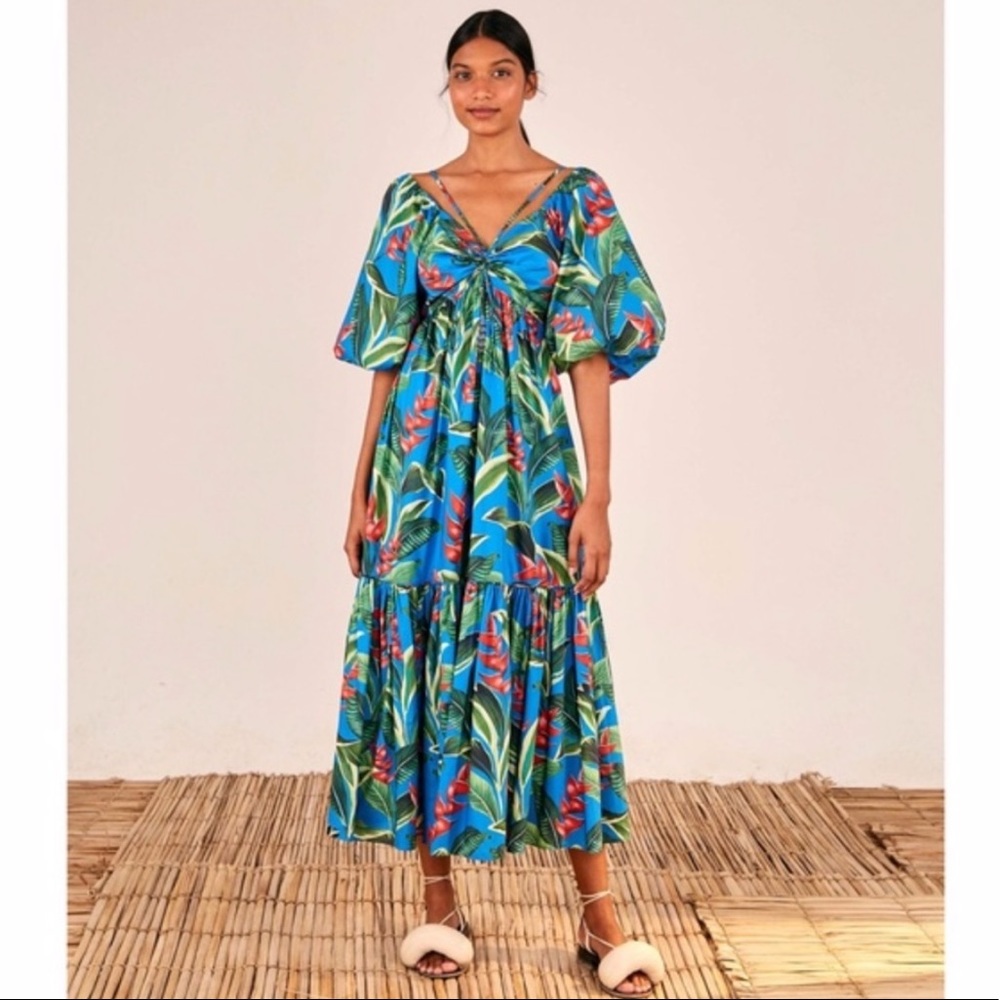NWT Farm Rio Dream Garden Floral Blue Green Maxi Dress